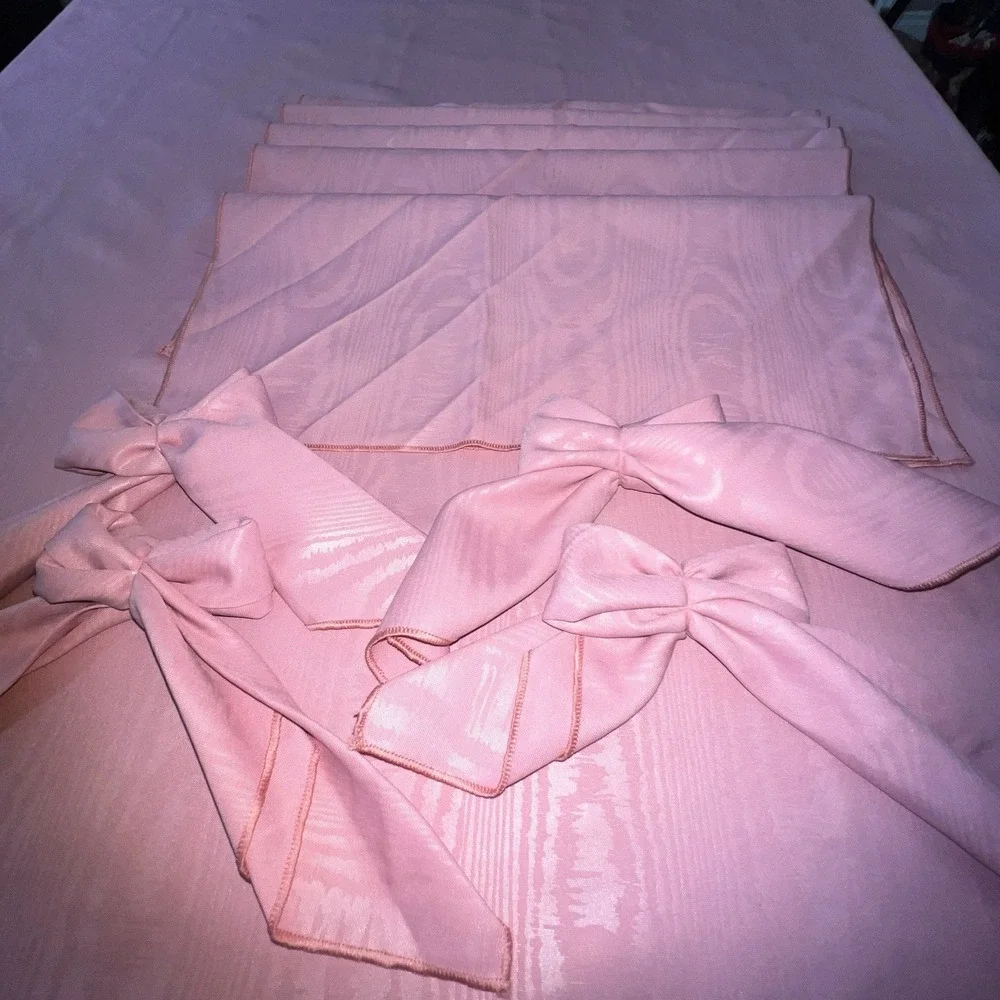 Vintage Rose Pink Moire Tablecloth 80x60 9 Matching Napkins Rectangle Wood Grain